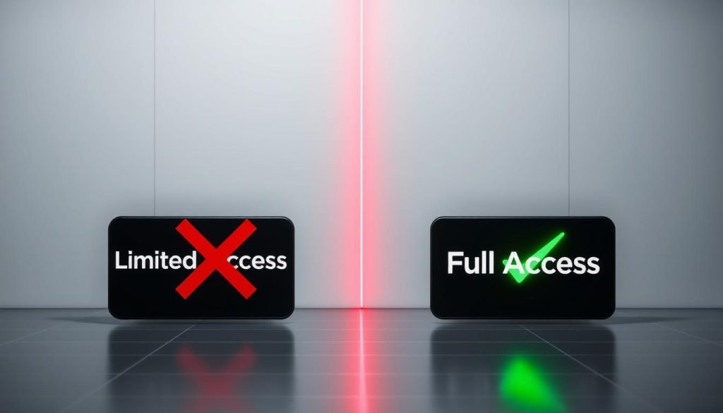 A crisp, high-resolution image of a side-by-side comparison of "trex iptv" trial accounts, one with "Limited Access" and the other with "Full Access". The "Limited Access" account is depicted with a red X over it, while the "Full Access" account is highlighted with a green checkmark. The image is set against a sleek, minimalist background with subtle grid lines, conveying a sense of technical sophistication. The lighting is clean and directional, casting subtle shadows to emphasize the contrast between the two account types. The camera angle is slightly elevated, creating a sense of authority and professionalism. The overall mood is one of clarity, decisiveness, and the ability to make an informed choice.