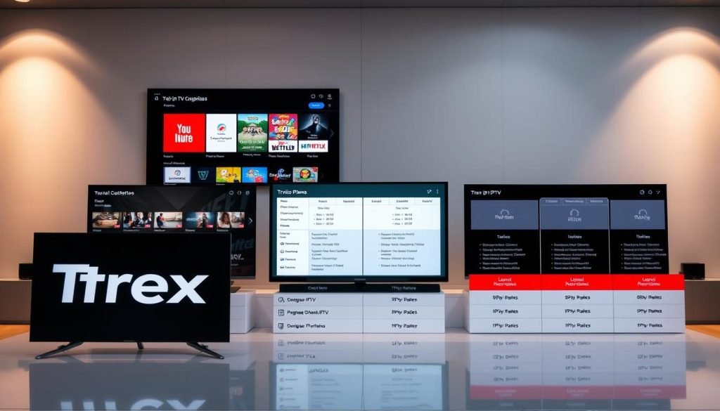 A detailed comparison of IPTV services, showcasing the features and capabilities of Trex IPTV against its competitors. The scene depicts a sleek, modern interface with crisp, high-resolution screens displaying various IPTV service options. The foreground features the Trex IPTV logo prominently, while the middle ground presents side-by-side comparisons of service plans, channel lineups, and user reviews. The background blends a sophisticated, minimalist design with subtle gradient patterns, creating a sense of depth and visual interest. The lighting is soft and even, highlighting the clean, professional aesthetic. The overall composition conveys a sense of authority and trustworthiness, encouraging the viewer to consider Trex IPTV as a leading choice in the IPTV market.