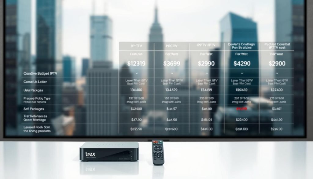 A detailed comparison of the "trex iptv" service against other popular IPTV providers. In the foreground, a clean and minimalist product display showcases the trex iptv device, its remote, and various package options. In the middle ground, elegant data visualizations highlight key features, pricing, and user satisfaction metrics across the competing services. The background features a soft, blurred cityscape with skyscrapers, conveying a sense of urban modernity and technological innovation. The lighting is bright and natural, creating a crisp, professional aesthetic. The overall composition guides the viewer's attention to the trex iptv offering, emphasizing its unique value proposition within the crowded IPTV market.