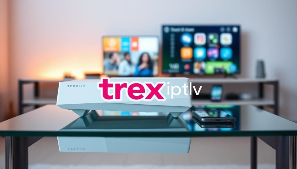 A modern, sleek IPTV device sits atop a minimalist glass table, its angular lines and crisp white finish reflecting the clean, contemporary design. Subtle ambient lighting from behind casts a warm glow, highlighting the device's intuitive controls and connections. In the foreground, the trex iptv logo stands out, its bold typography and vibrant color palette commanding attention. The middle ground features an array of compatible devices - smart TVs, smartphones, and tablets - seamlessly connected to the IPTV system, showcasing its versatility. The background blurs into a soft, neutral tone, allowing the focus to remain on the central device and its ecosystem.