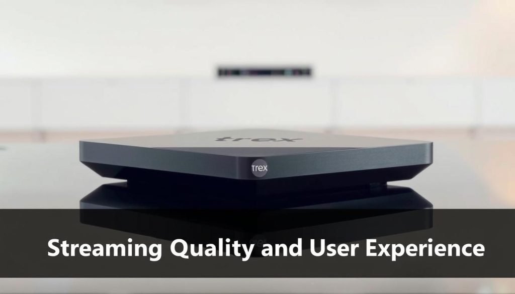 A sleek, modern Trex IPTV device rests on a glossy, reflective surface, its clean lines and subtle branding catching the eye. Soft, directional lighting illuminates the device, highlighting its premium materials and attention to detail. The background is a serene, minimalist setting, allowing the device to take center stage and showcase its seamless integration into a contemporary living space. The overall composition conveys a sense of refined technology and effortless user experience, perfectly aligning with the "Streaming Quality and User Experience" section of the article.