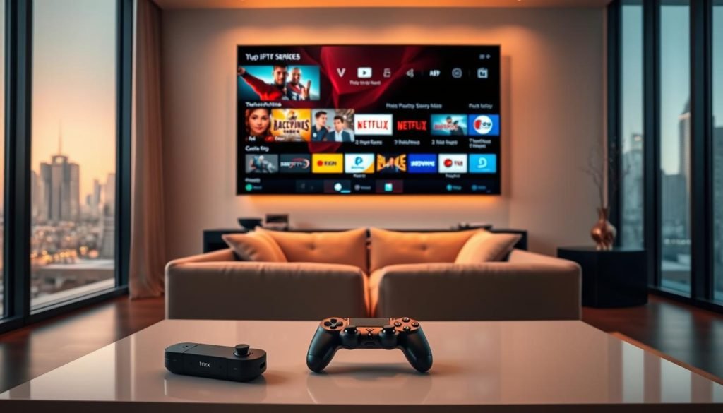 A sleek, modern living room with a large 4K OLED TV mounted on the wall, showcasing vivid, high-quality video streaming from various premium services. The room is bathed in warm, soft lighting, creating a cozy and immersive atmosphere. In the foreground, a wireless game controller and a trex iptv remote control are neatly arranged on a minimalist coffee table, hinting at the seamless integration of cutting-edge streaming technology. The middle ground features a plush, comfortable sofa facing the TV, inviting viewers to settle in and enjoy the ultimate streaming experience. The background reveals floor-to-ceiling windows overlooking a bustling city skyline, adding a sense of urban sophistication to the scene.