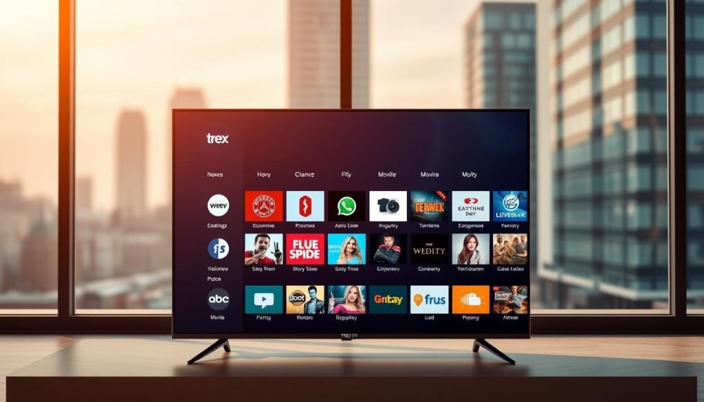 An elegant and modern digital entertainment hub, showcasing the diverse range of premium IPTV channels available on trex iptv. In the foreground, a sleek television set displays a vibrant array of icons representing various genres and categories, from news and sports to movies and lifestyle content. The middle ground features a refined, minimalist interface, allowing seamless navigation through the trex iptv service's extensive library. In the background, a softly blurred cityscape creates a sense of urban sophistication, complementing the advanced technology on display. Warm, natural lighting enhances the overall atmosphere, conveying a premium, high-quality viewing experience.