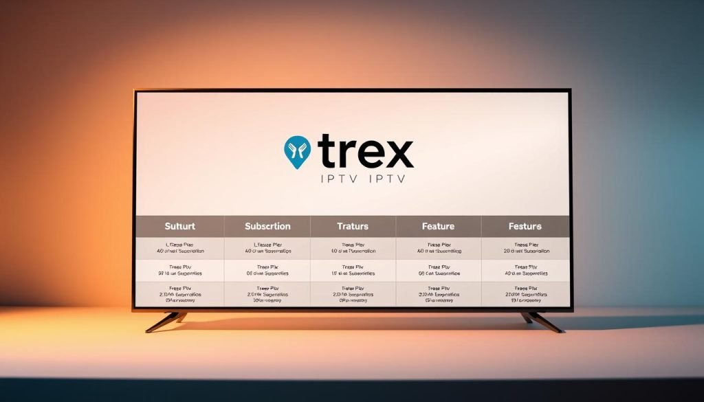 Detailed studio shot of a sleek, modern IPTV subscription plan interface for the "Trex IPTV" service. In the foreground, a clean, minimalist table displays the various subscription tiers, each with clearly defined features and pricing. The middle ground showcases a stylized representation of the Trex IPTV logo, subtly integrated into the design. The background features a soft, blurred gradient, emphasizing the premium and professional nature of the offering. Warm, directional lighting accentuates the crisp edges and highlights the key details. The overall composition conveys a sense of sophistication, clarity, and the value proposition of the Trex IPTV subscription plans.