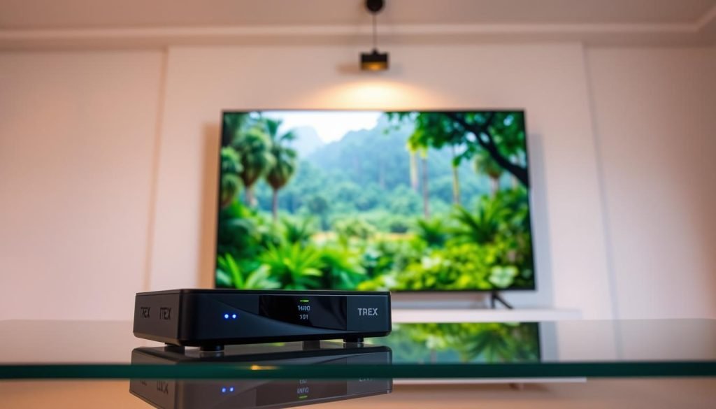 Trex IPTV streaming quality: a sharp, vibrant 4K display with lifelike colors and clarity. In the foreground, a sleek black streaming device rests on a modern glass tabletop, its LED indicators softly pulsing. Overhead, a ceiling-mounted spotlight casts a warm, even glow, illuminating the scene. In the middle ground, a large flatscreen TV displays a vivid nature documentary, the lush greens and deep blues of the jungle landscape rendered with exceptional detail. The background fades to a minimalist white wall, allowing the technology to take center stage. The overall atmosphere conveys a sense of high-quality, reliable performance for the Trex IPTV service.