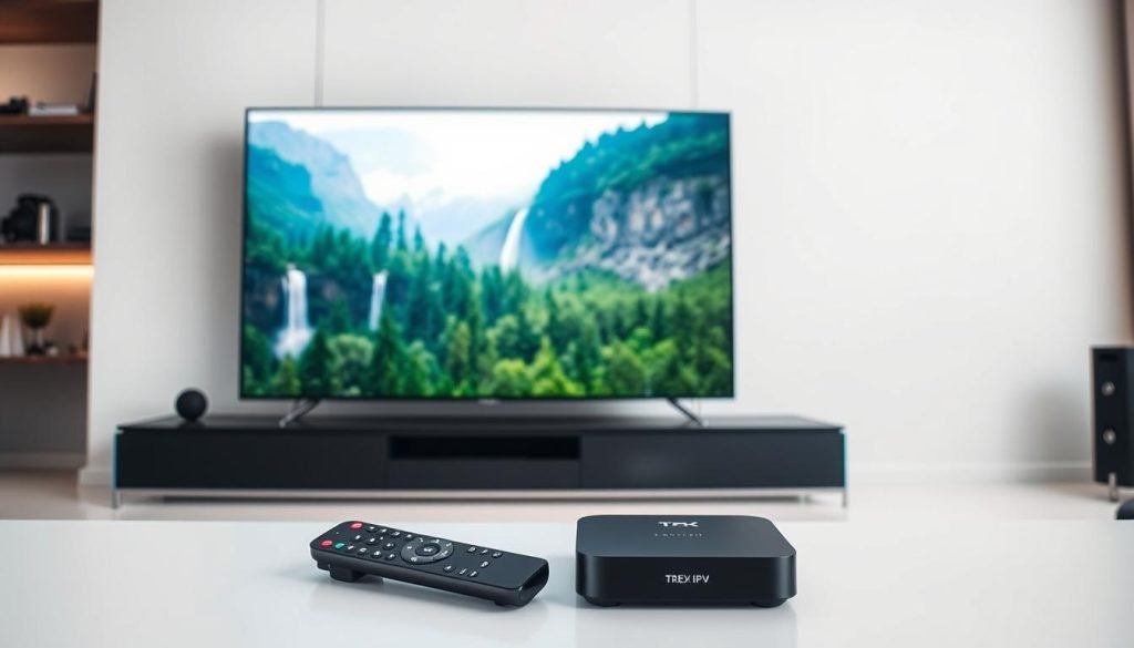 A 4K IPTV subscription service, showcased by the Trex IPTV brand. A large, vibrant TV screen dominates the center of the frame, displaying a crystal-clear 4K nature scene with lush forests and cascading waterfalls. The screen is positioned on a sleek, modern TV stand, surrounded by minimal, high-end home entertainment equipment. Soft, diffused lighting illuminates the scene, creating a warm, inviting atmosphere. In the foreground, a modern remote control and a Trex IPTV logo-branded streaming device are prominently displayed, emphasizing the seamless integration of technology. The overall composition conveys a sense of premium quality, advanced technology, and an immersive 4K streaming experience.