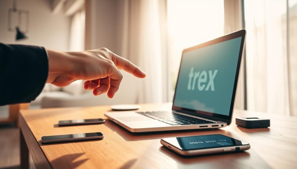 A bright, modern home office setup with a laptop, smartphone, and credit card on a minimalist wooden desk. The desk is illuminated by natural light streaming through large windows, creating a warm and productive atmosphere. In the foreground, a hand reaches towards the laptop screen, highlighting the action of "buying trex iptv online" with a sense of ease and confidence. The background is softly blurred, keeping the focus on the central desk setup. The overall mood is one of efficiency, technology, and a seamless online purchasing experience.