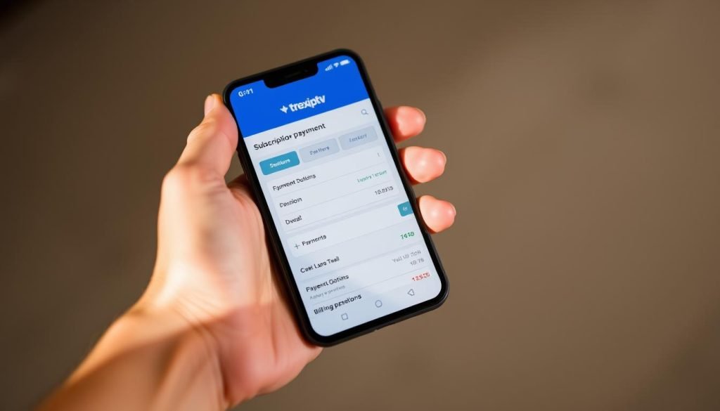 A close-up photograph of a person's hand holding a smartphone displaying the "trex iptv" subscription payment interface. The screen shows a sleek, minimalist design with an intuitive layout for managing subscription details, payment options, and billing history. The hand is well-lit, casting subtle shadows to convey a sense of depth and three-dimensionality. The background is softly blurred, keeping the focus on the smartphone screen and the payment process. The overall mood is one of professionalism, efficiency, and financial security, reflecting the reliable and hassle-free nature of the "trex iptv" subscription management experience.