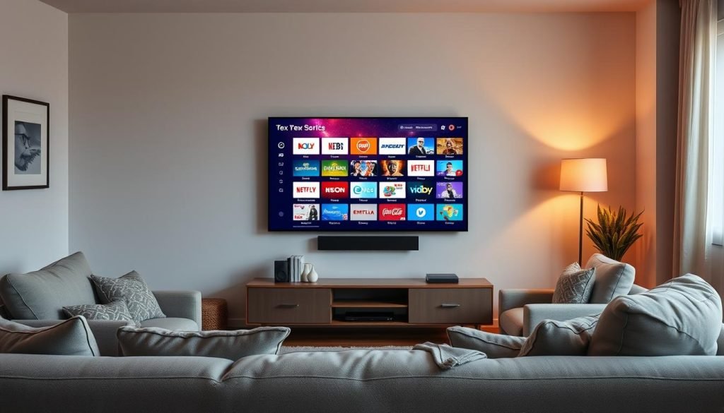 A cozy living room with a large flatscreen TV taking center stage. The screen displays a vibrant and seamless live TV feed from the trex iptv service, showcasing a variety of channels and content. Soft, warm lighting illuminates the room, creating a relaxed and inviting atmosphere. A plush sofa and armchair are positioned comfortably in front of the TV, inviting the viewer to sit back, relax, and enjoy the ultimate streaming experience. The room is accented with modern, minimalist decor, conveying a sense of sophistication and style. The overall scene evokes a feeling of ease and comfort, perfectly capturing the user's engagement with the trex iptv platform.