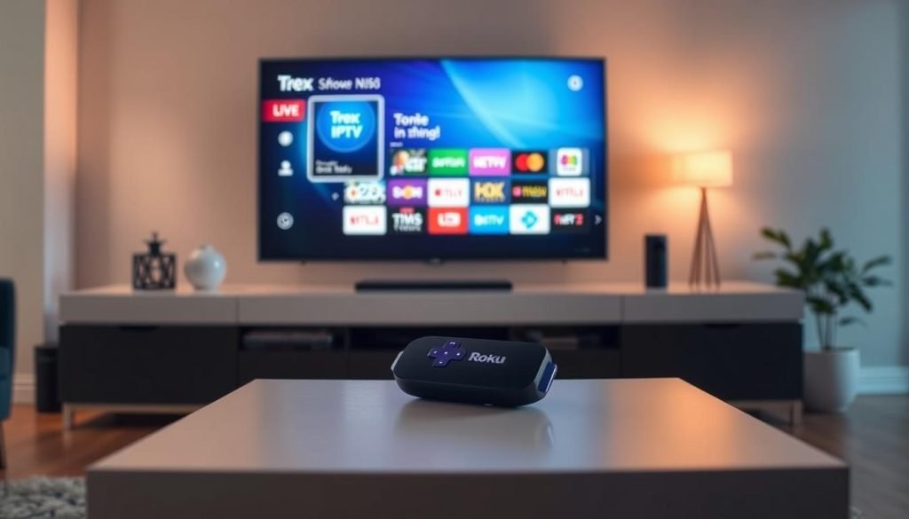 A digital living room with a sleek Roku device sitting prominently on a modern entertainment center. The Roku interface is displayed on a large flatscreen TV, showcasing the "Trex IPTV" app icon and interface. Warm, indirect lighting creates a cozy ambiance, while the room is decorated with minimalist decor. The composition emphasizes the Roku device and the IPTV app, capturing the seamless integration of streaming media and live television. The image conveys a sense of ease and accessibility, reflecting the "Accessing IPTV Channels on Roku with Trex" section.