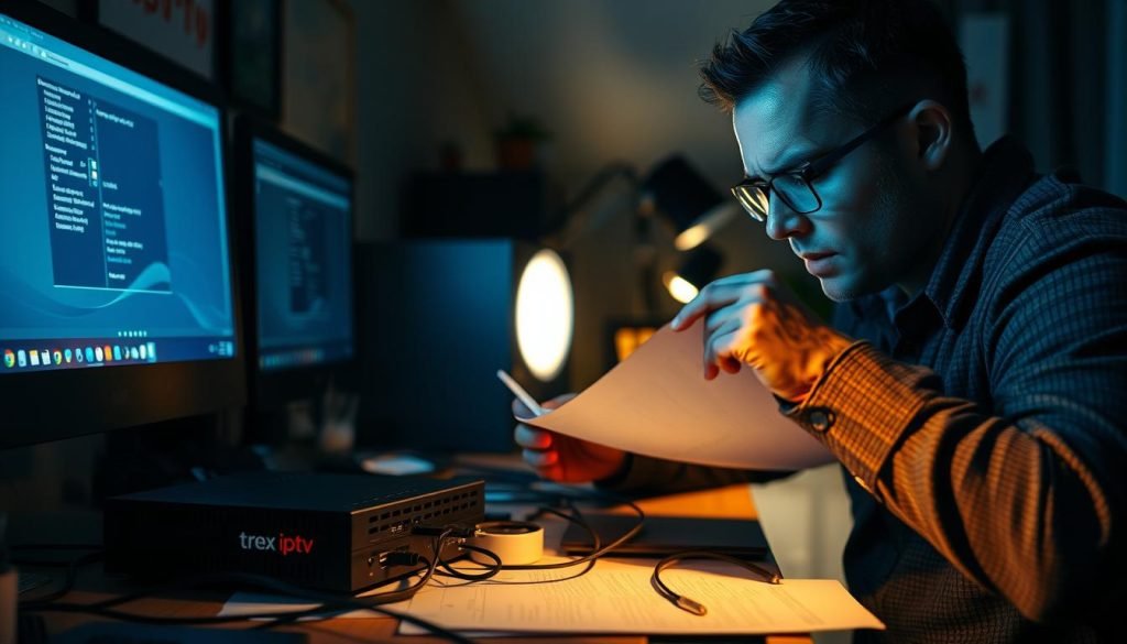 A dimly lit home office, with a desktop computer and a technical-looking device labeled "trex iptv" on the desk. The user, a frustrated yet determined technician, examines the device, papers, and cables, troubleshooting the issue. Soft, warm lighting illuminates the scene, creating an atmosphere of problem-solving. The background is slightly blurred, keeping the focus on the troubleshooting process. The overall mood is one of concentration and diligence, as the technician works to resolve the "trex iptv" issue.