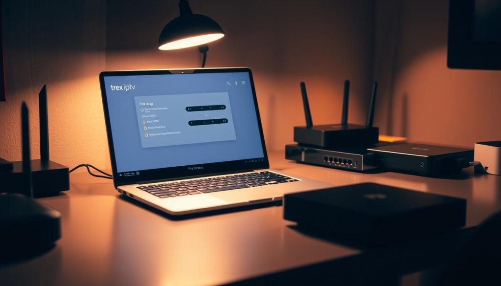 A dimly lit, modern home office. On the desk, a sleek laptop displays the "trex iptv" setup interface, its clean UI and intuitive controls visible. Surrounding the laptop are various networking devices - a router, modem, and streaming box - arranged neatly. The lighting is warm and atmospheric, casting a soft glow over the scene. The overall composition conveys a sense of focus and efficiency, capturing the seamless process of setting up "trex iptv" for a smooth streaming experience.