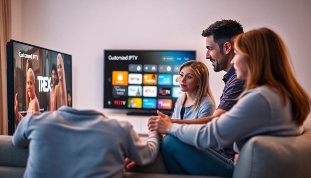 A family gathered around a sleek, modern TV, examining customized IPTV package options on the screen. In the foreground, a warm, soft lighting illuminates their focused expressions as they navigate the intuitive user interface of the "trex iptv" service. The middle ground features a clean, minimalist living room setting, with a cozy couch and neutral-toned decor, creating a welcoming atmosphere. In the background, a blurred city skyline suggests the convenience of accessing a wide range of entertainment options from the comfort of their home.