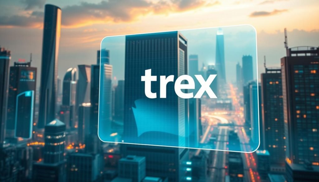 A futuristic cityscape with skyscrapers and towering data centers in the background, representing the advanced infrastructure powering reliable IPTV services. In the foreground, a sleek, holographic display showcases the "trex iptv" brand, its interface intuitively navigable with smooth animations and vibrant colors. The lighting is a harmonious blend of warm tones and cool, crisp highlights, creating a sense of technological sophistication. The camera angle is slightly elevated, giving the viewer a sense of command over the scene, reflecting the dependability and cutting-edge nature of the IPTV service.