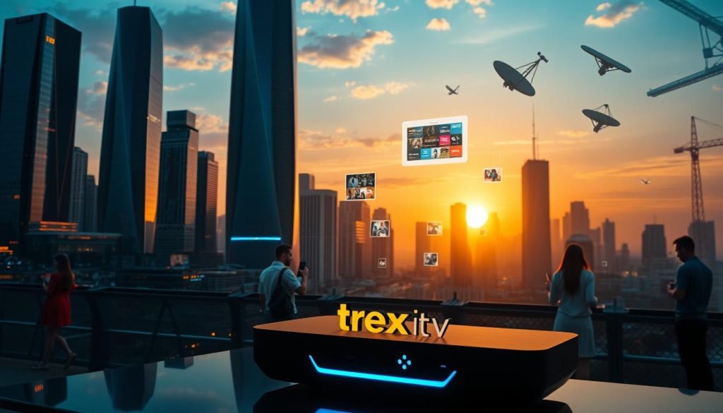 A futuristic cityscape with sleek skyscrapers and hovering holograms, illuminated by a warm, golden sunset. In the foreground, a technologically advanced device with the "trex iptv" brand prominently displayed, showcasing a vibrant, seamless streaming interface. The middle ground features a mix of people using mobile devices and smart home technology, reflecting the integration of IPTV into everyday life. The background depicts emerging trends like 5G networks, satellite dishes, and satellite-based internet, hinting at the evolving landscape of IPTV and its far-reaching implications. Cinematic lighting and a sense of technological progress permeate the scene, capturing the future of IPTV in the U.S.