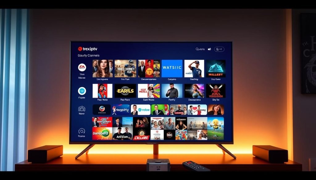 A high-definition illustration showcasing the diverse content offerings of the trex iptv streaming service. In the foreground, a sleek smart TV displays a vibrant array of popular live TV channels, on-demand movies, and trending series. The middle ground features a collage of genre-specific content icons, including sports, news, documentaries, and children's programming. The background depicts a modern home entertainment setup, with surround sound speakers and a sophisticated remote control, all bathed in a warm, ambient lighting. The overall scene conveys a sense of high-quality, comprehensive entertainment available through the trex iptv platform.
