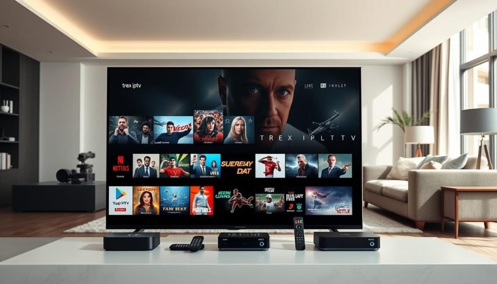 A high-quality, hyper-realistic image of the "trex iptv" brand showcasing the diverse content and entertainment options it offers. The image features a sleek, modern TV screen in the foreground displaying a variety of content genres including movies, TV shows, live sports, and more. In the middle ground, there are various streaming devices, remotes, and other accessories associated with the trex iptv service. The background depicts a stylish, minimalist living room setting with plush furniture and ample natural lighting, creating a cozy and inviting atmosphere. The overall composition and color palette convey a sense of premium quality, technological sophistication, and endless entertainment possibilities.