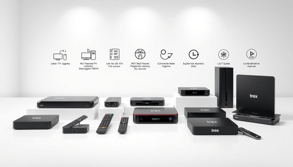 A high-quality, sleek, and modern setup of various "trex iptv" compatible devices arranged neatly on a minimalist white surface. The foreground showcases a range of streaming devices, set-top boxes, and remote controls, all with a consistent design language and branding. The middle ground features technical specifications and compatibility information overlaid seamlessly. The background depicts a clean, well-lit studio environment with soft, diffused lighting, creating a professional and inviting atmosphere. The overall composition emphasizes the versatility, accessibility, and user-friendliness of the "trex iptv" ecosystem.