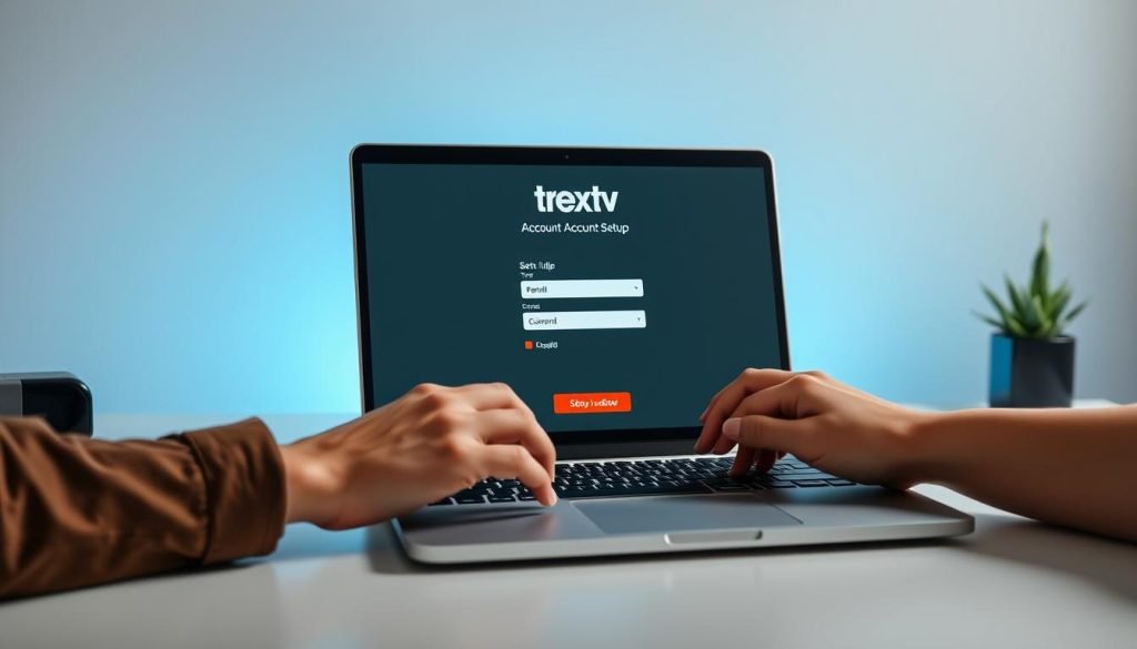 A high-quality, studio-lit image of a person's hands setting up the "trex iptv" streaming service on a modern laptop. The scene has a clean, minimalist aesthetic with a soft, diffused light illuminating the workspace. The laptop screen displays the trex iptv account setup interface, showcasing the intuitive and user-friendly design. The hands are shown interacting with the laptop, navigating the setup process seamlessly. The overall mood is one of professionalism, efficiency, and a streamlined user experience.