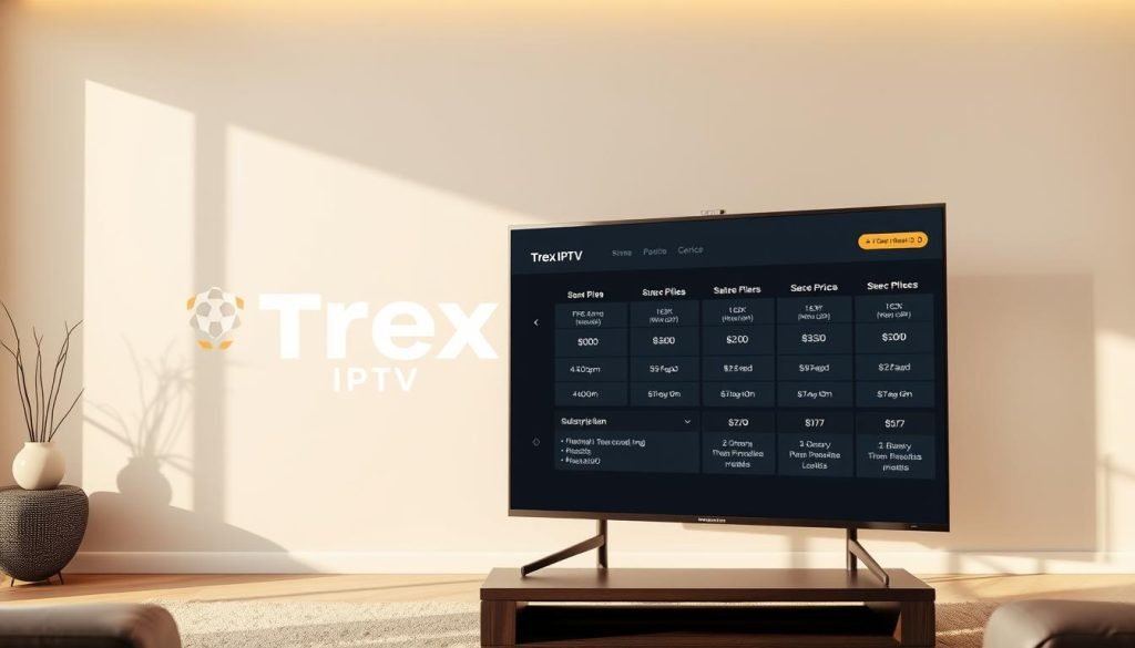 A high-resolution, cinematic image of "Trex IPTV Subscription Plans" featuring a sleek, modern interface with a range of pricing tiers and plan options displayed on a large flat-screen TV against a clean, minimalist background. The TV is positioned in a well-lit, airy living room setting with warm, natural lighting and subtle shadows. The Trex IPTV logo is prominently featured, conveying a sense of professionalism and reliability. The overall composition is balanced, with the TV and subscription details taking center stage, while the background provides a harmonious and unobtrusive setting.