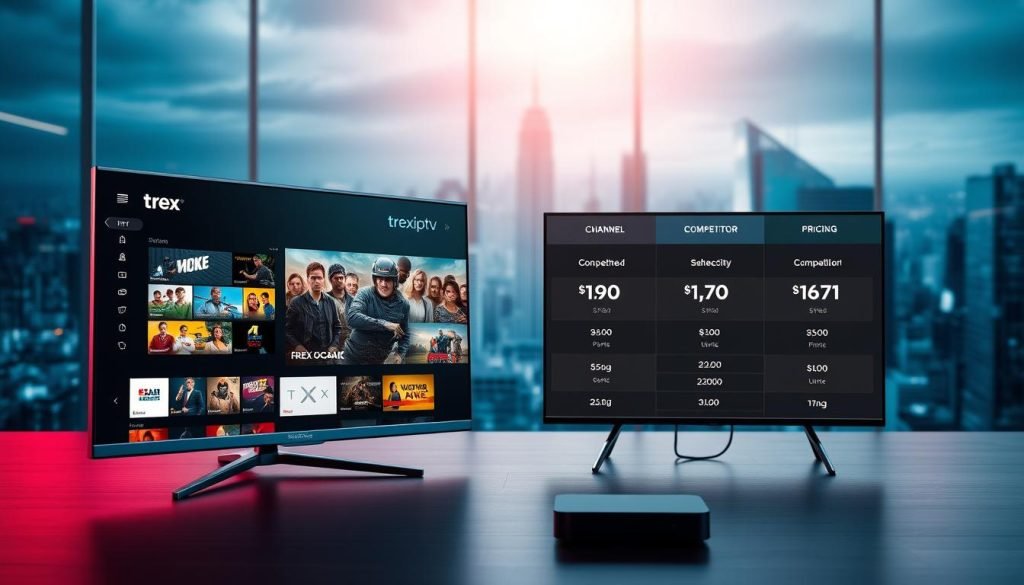 A high-resolution, detailed comparison of "trex iptv" against other popular IPTV services. In the foreground, a sleek, modern interface of the trex iptv platform, highlighting its user-friendly design and robust features. In the middle ground, dynamic visualizations juxtaposing trex iptv's channel selection, streaming quality, and pricing against competitors. The background showcases a technological cityscape, symbolizing the cutting-edge nature of the IPTV industry. Cinematic lighting and a subtle depth of field create a professional, authoritative atmosphere, emphasizing the credibility of the comparison. The overall composition conveys the superiority of trex iptv as a leading IPTV solution.