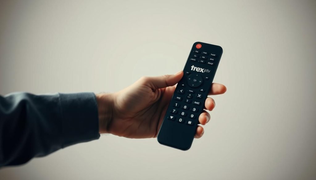A high-resolution, photorealistic image of a man's hand holding a remote control with the "trex iptv" brand name prominently displayed on the device. The remote is set against a neutral, minimalist background with soft, directional lighting illuminating the scene. The image conveys a sense of simplicity, functionality, and the user-friendly nature of the trex iptv activation process. The composition is well-balanced, with the remote control taking up a significant portion of the frame, drawing the viewer's attention to the key subject matter.