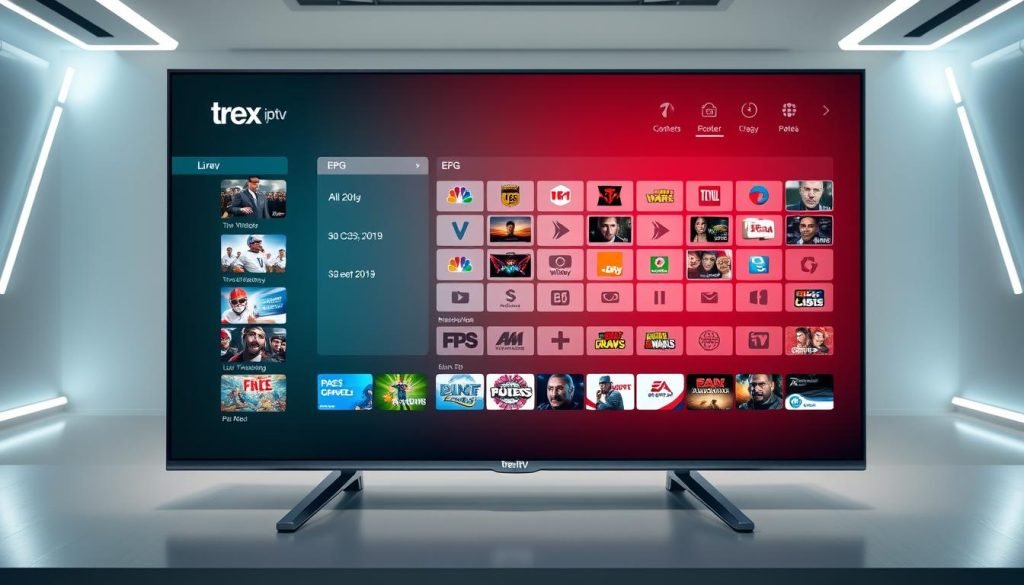 A high-tech IPTV dashboard with a modern, clean interface displaying a comprehensive EPG (Electronic Program Guide). In the foreground, a sleek TV screen showcases a variety of live TV channels, with the "trex iptv" logo prominently displayed. The middle ground features an intuitive grid-based EPG, allowing seamless navigation through programming schedules. The background depicts a minimalist, futuristic setting with subtle lighting accents, conveying a sense of technological sophistication. The overall mood is one of efficiency, user-friendliness, and a immersive live TV experience.