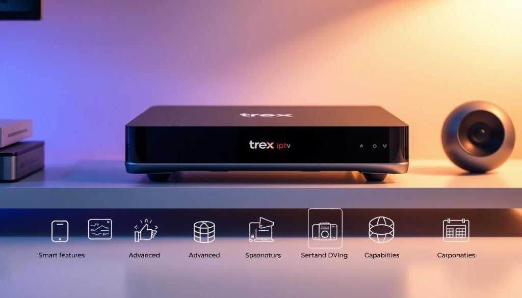 A modern and sleek digital media device with the "trex iptv" brand prominently displayed on its polished surface. The device is placed on a minimalist desk, bathed in warm, diffused lighting that highlights its clean lines and attention to detail. In the foreground, various smart features and advanced DVR capabilities are subtly represented through abstract icons and graphical elements, hinting at the device's powerful multimedia capabilities. The overall scene conveys a sense of sophistication, technological prowess, and the seamless integration of the "trex iptv" solution into the user's digital lifestyle.