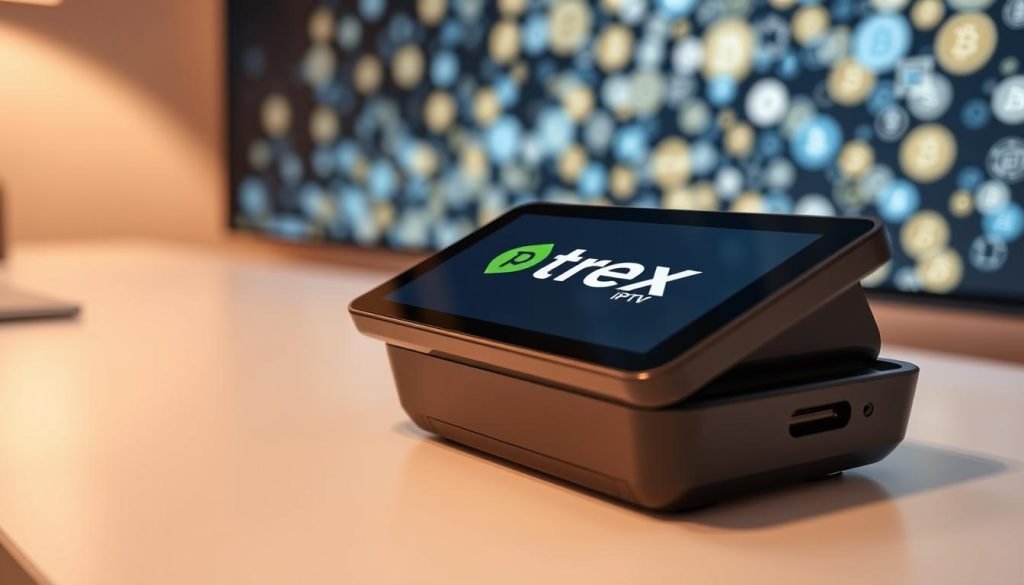A modern digital payment terminal rests on a sleek, minimalist desk, its screen displaying the "trex iptv" logo against a backdrop of cascading cryptocurrency symbols. The camera angle emphasizes the streamlined, futuristic design, conveying a sense of security and technological sophistication. Soft, diffused lighting bathes the scene, creating a warm and inviting atmosphere. The overall composition suggests the seamless integration of crypto payments into the IPTV experience, highlighting the legal and regulatory considerations that govern this emerging financial landscape.