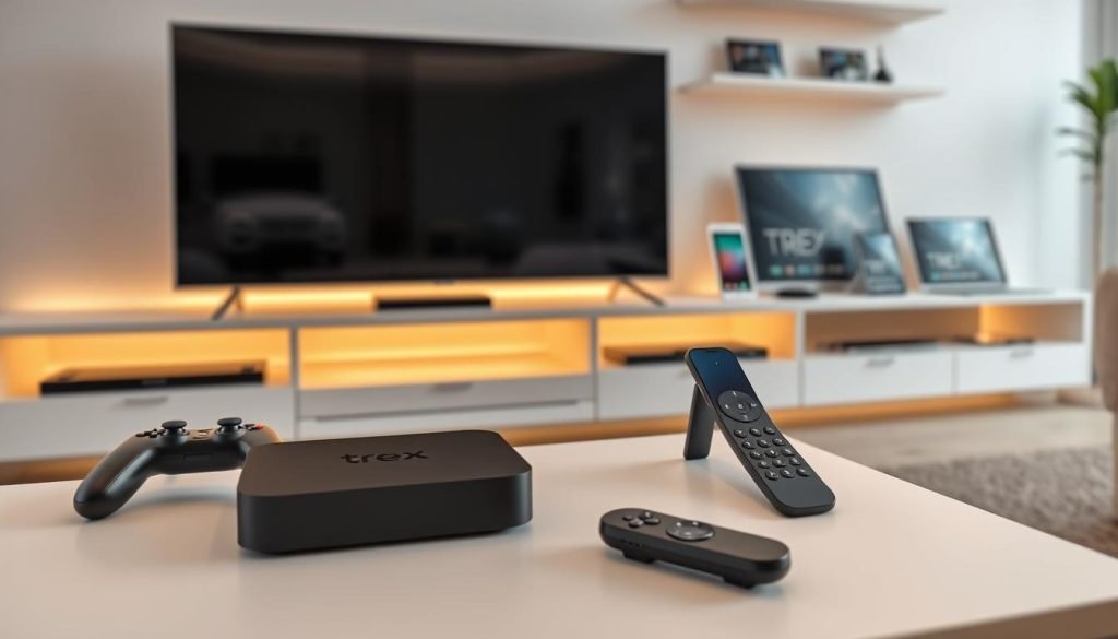 A modern home entertainment setup featuring a variety of "trex iptv" compatible devices. In the foreground, a sleek black smart TV and a compact streaming box sit atop a minimalist media console. In the middle ground, a wireless game controller and a voice-activated remote control add to the connected living room experience. The background showcases a variety of other compatible devices such as tablets, smartphones, and laptops, all seamlessly integrated for a comprehensive "trex iptv" viewing experience. Subtle warm lighting and clean lines create a sophisticated, tech-savvy ambiance.