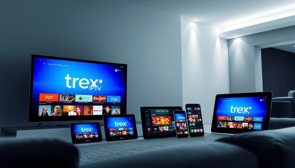 A modern home entertainment setup with multiple screens displaying the "trex iptv" logo. In the foreground, a large flat-screen TV dominates the scene, its display showcasing a vibrant user interface. In the middle ground, several smaller tablet and smartphone screens are arranged, each displaying different content from the "trex iptv" service. The background features a sleek, minimalist interior design with subtle lighting and clean lines, creating a sense of sophistication and technological prowess. The overall atmosphere conveys the seamless, multi-device streaming experience offered by "trex iptv".