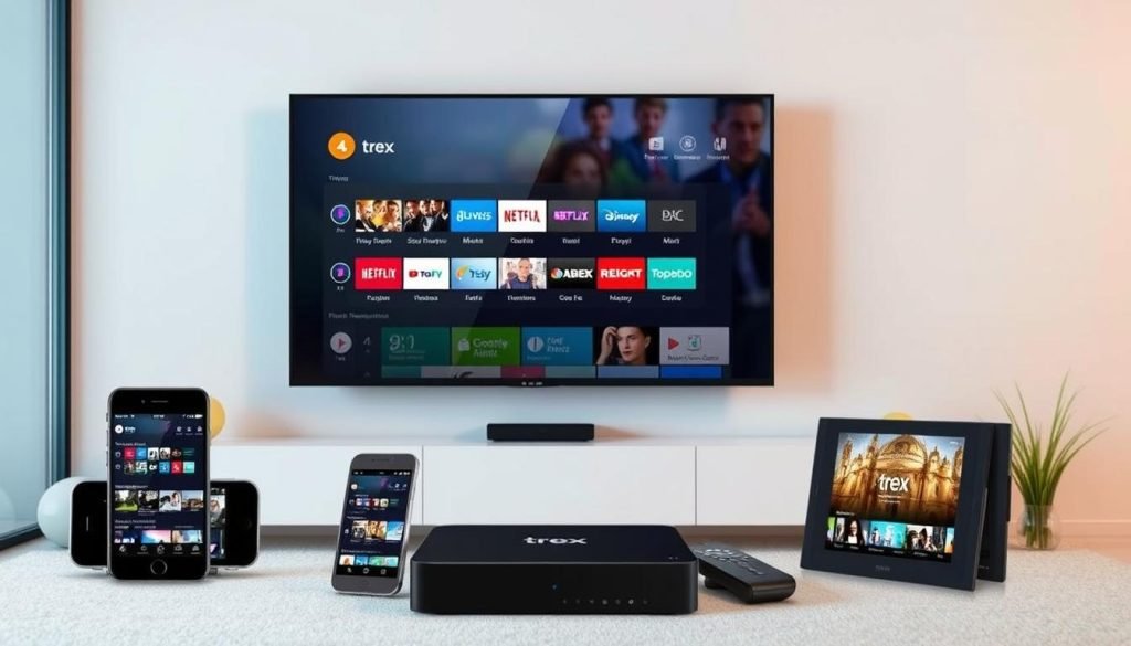 A modern living room setting with a large flat-screen TV mounted on the wall. On the TV screen, the "trex iptv" user interface is displayed, showcasing its diverse channel selection and intuitive navigation. Surrounding the TV, various devices such as a smartphone, tablet, and streaming box are positioned, each displaying the "trex iptv" app or interface, demonstrating the seamless cross-platform compatibility. The room is well-lit, with a warm and inviting atmosphere, emphasizing the ease of setting up and using "trex iptv" across multiple devices. The overall scene conveys the versatility and accessibility of the "trex iptv" service.