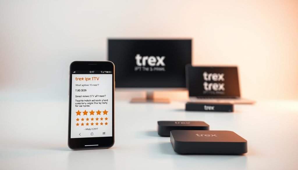 A modern, minimalist composition showcasing customer reviews for the trex iptv packages. In the foreground, a sleek smartphone display features a series of 5-star customer testimonials, captured in a crisp, photorealistic style with warm lighting and a subtle depth of field. The middle ground features an array of digital devices, including a laptop, tablet, and streaming box, all subtly displaying trex iptv branding. The background is a clean, white studio setting, creating a sense of professionalism and trust. The overall scene conveys a sense of authority, quality, and customer satisfaction surrounding the trex iptv packages.