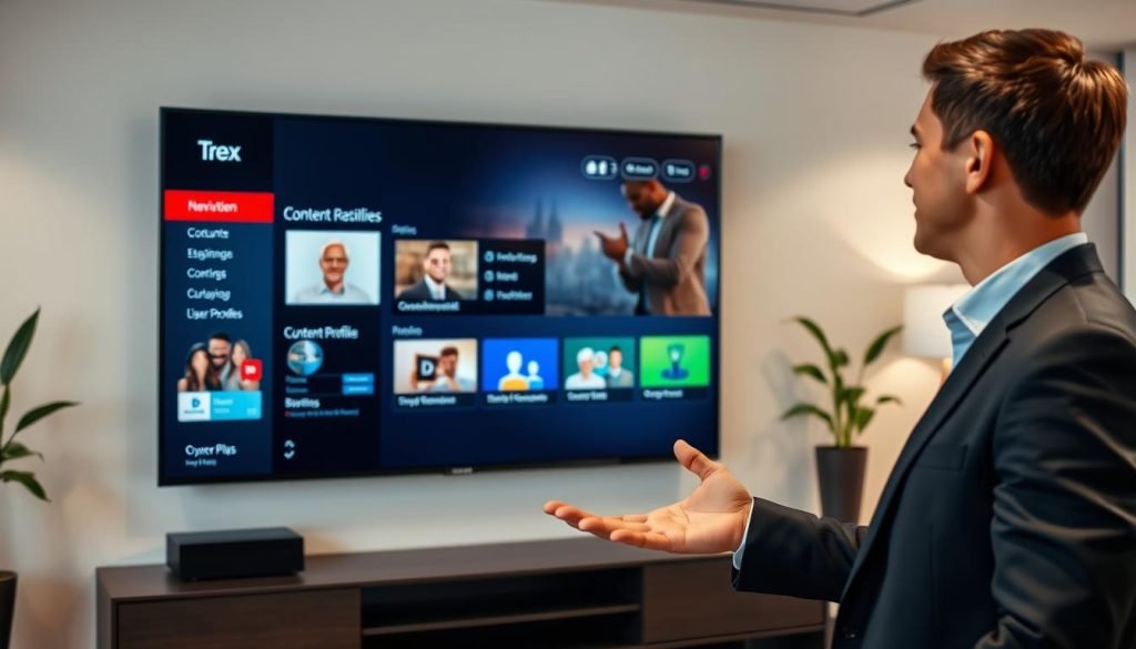 A modern office space with a large display screen showcasing the trex iptv business package. The screen displays intuitive navigation menus, content recommendations, and customizable user profiles, highlighting the platform's enhanced customer experience. In the foreground, a well-dressed businessperson interacts with the interface, gesturing confidently. Soft lighting illuminates the scene, creating a professional and welcoming atmosphere. The background features minimalist decor and neutral tones, keeping the focus on the trex iptv display and the user interaction. The overall composition conveys the notion of a seamless, user-centric IPTV solution that elevates the enterprise experience.
