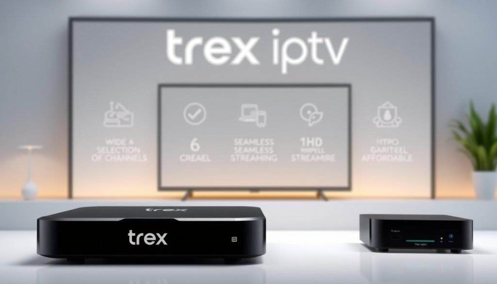 A modern, sleek IPTV package displayed against a clean, minimalist background. In the foreground, the "trex iptv" brand name is prominently featured, conveying a sense of quality and reliability. The package is showcased in a well-lit, high-resolution rendering, emphasizing the product's visual appeal and attention to detail. The middle ground features subtle, informative graphics highlighting the key features and benefits of the trex IPTV service, such as a wide selection of channels, seamless streaming, and affordability. The background maintains a soft, blurred focus, allowing the product to take center stage and grab the viewer's attention. The overall mood is one of professionalism, modernity, and customer-centric value proposition.