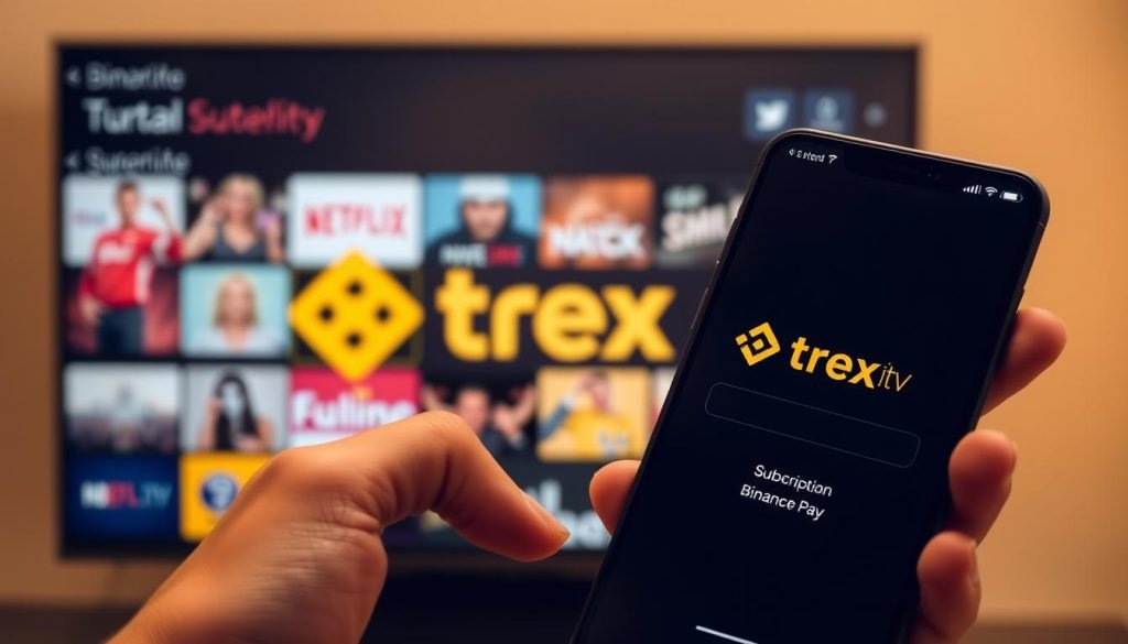 A modern, sleek interface showcasing the "trex iptv" subscription process. In the foreground, a hand holds a smartphone, the screen displaying the Binance Pay platform ready for transaction. The middle ground depicts the "trex iptv" logo, rendered in a bold, futuristic style. In the background, a dynamic grid of streaming service icons and visual cues suggest the diverse content available. Warm lighting creates a sense of simplicity and ease, while the overall composition conveys a streamlined, user-friendly experience.