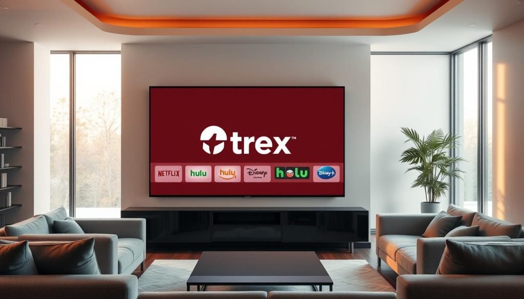 A modern, sleek living room with a large, high-definition TV screen prominently displayed. The screen showcases the "trex iptv" brand logo, surrounded by a variety of streaming service icons and logos, such as Netflix, Hulu, Amazon Prime, and Disney+. The room is bathed in warm, soft lighting, creating a cozy and inviting atmosphere. The furniture is minimalist and contemporary, with clean lines and neutral tones. Large windows in the background allow natural light to filter in, adding depth and dimension to the scene. The overall composition conveys a sense of entertainment, connectivity, and the ease of accessing a wide range of streaming content through the "trex iptv" platform.