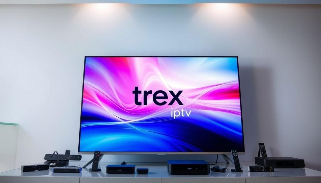 A modern, sleek television displaying the "trex iptv" brand, surrounded by various streaming devices and remote controls. The screen showcases crystal-clear 4K HDR content, with vivid colors and sharp details. A minimalist, contemporary home entertainment setup is visible in the background, with indirect lighting and clean lines, creating a sense of elegance and seamless integration. The overall atmosphere conveys a high-quality, premium viewing experience tailored for the UAE market.