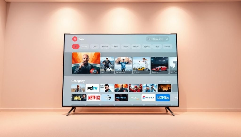 A modern, sleek user interface for the trex iptv application, showcasing a clean and intuitive layout. The main screen features a large hero section highlighting live TV channels, with high-quality video thumbnails and a minimalist navigation menu. In the middle ground, a grid of category icons allows for easy browsing of movies, shows, sports, and more. The background features a subtle gradient, creating a sense of depth and sophistication. Lighting is soft and evenly distributed, with a warm color temperature that enhances the premium aesthetic. The camera angle is slightly elevated, providing an overview of the interface's functionality and design.