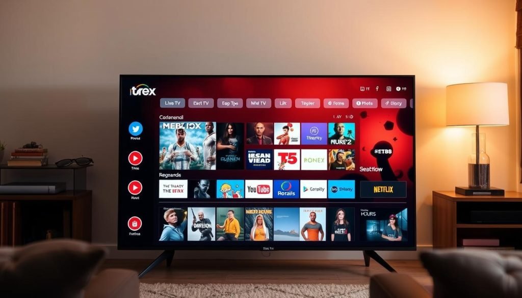 A modern smart TV displaying the "trex iptv" interface, showcasing its sleek and intuitive design. The screen is filled with a curated selection of live TV channels, on-demand movies, and streaming services, all accessible through a seamless user experience. The TV is placed in a cozy living room setting, with warm lighting and minimalist decor, conveying a sense of comfort and entertainment. The image captures the ease of accessing premium content with "trex iptv" on a wide range of compatible smart TV devices.