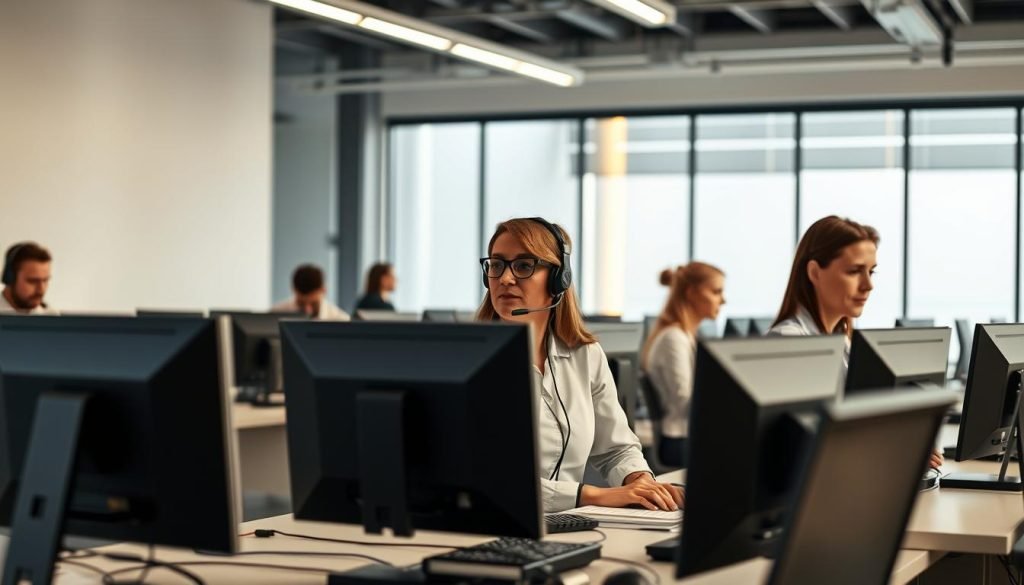 A professional call center with a team of knowledgeable agents ready to assist "trex iptv" customers. The foreground shows a help desk with sleek, modern computers and headsets. In the middle ground, agents calmly guide customers through troubleshooting and account management. The background features a minimalist office setting with large windows, allowing natural light to flood the space and create a warm, inviting atmosphere. The lighting is soft and diffused, enhancing the sense of professionalism and attentiveness. The camera angle is slightly elevated, conveying a sense of reliability and trustworthiness in the "trex iptv" customer support services.