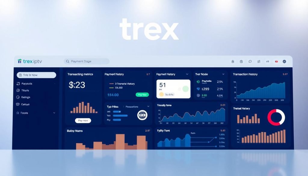A professional, modern-looking dashboard interface showcasing the "trex iptv" brand's payment processing system. In the foreground, a sleek and intuitive user interface with clean typography, elegant icons, and prominent "Pay Now" buttons. In the middle ground, informative graphs and charts displaying real-time payment metrics, transaction history, and analytics. The background features a subtle, gradient-based color scheme complementing the brand's identity, with soft lighting creating a sense of depth and professionalism. The overall composition conveys the efficient, streamlined, and trustworthy nature of Trex IPTV's payment processing capabilities.