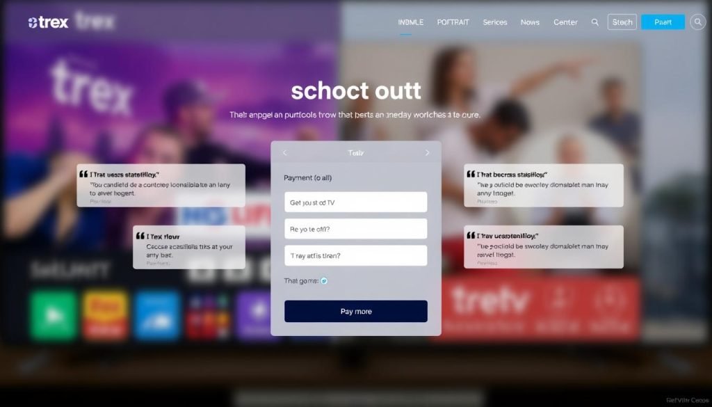 A secure checkout page for the trex iptv platform, showcasing customer testimonials and reviews. The foreground features a sleek, minimalist design with a central payment form and accompanying testimonial cards showcasing satisfied user feedback. The middle ground depicts a blurred background of the trex iptv app interface, hinting at the broader product experience. The overall atmosphere is one of trust, reliability, and a seamless purchasing journey, reinforcing the brand's commitment to providing a secure and hassle-free streaming solution.