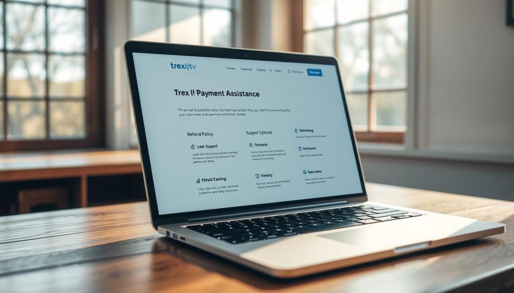 A serene indoor scene with a laptop displaying a "trex iptv" payment assistance interface. The interface features a clean, intuitive design with clearly labeled sections for refund policy, support options, and contact information. The laptop is placed on a wooden desk, bathed in warm, natural lighting from a nearby window. The atmosphere is one of professionalism and approachability, inviting the user to easily navigate the refund policy and find the assistance they need.