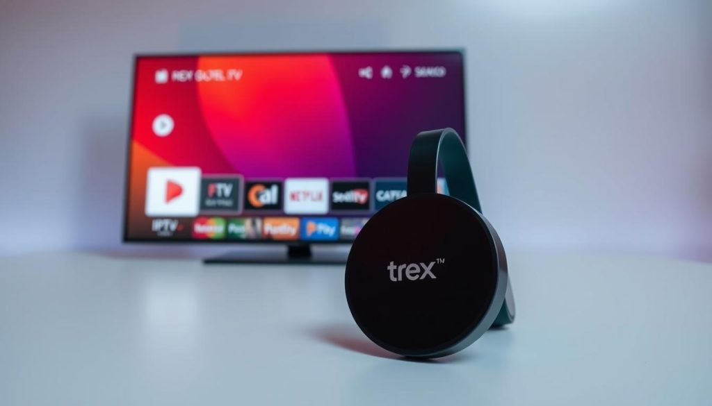 A sleek and modern IPTV service showcased on a Chromecast device, displayed against a minimalist background. The interface features the "trex iptv" brand prominently, with clean typography and intuitive menu options. Soft lighting illuminates the Chromecast's streamlined design, creating a sense of high-tech elegance. The overall atmosphere conveys the convenience and reliability of this Chromecast-compatible IPTV solution, perfect for delivering live TV straight to the user's screen.