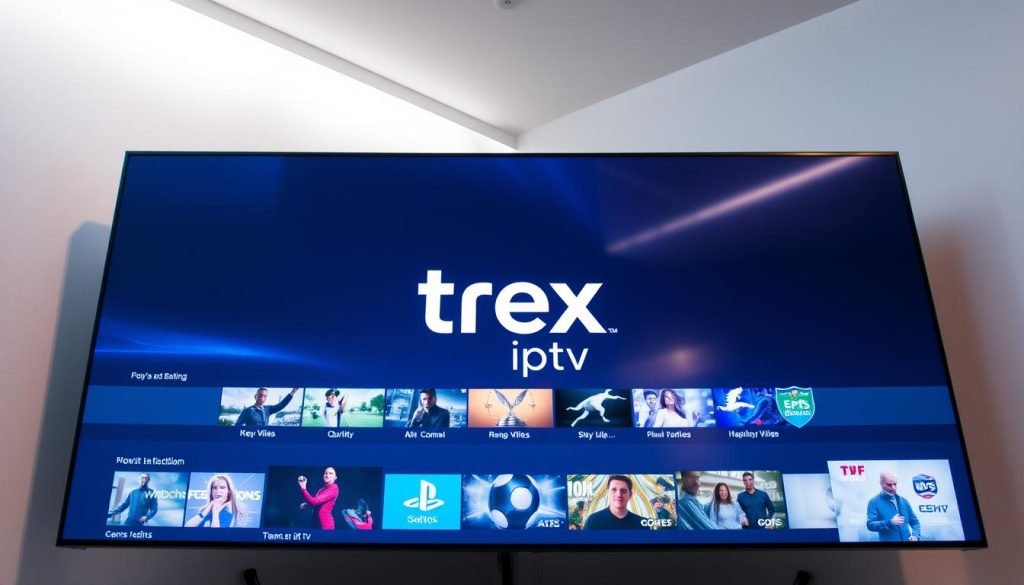 A sleek and modern IPTV streaming app interface is displayed on a high-resolution display. The app's logo, "trex iptv", is prominently featured in the center, surrounded by a minimalist design with clean lines and a futuristic aesthetic. The screen showcases various streaming content options, with vivid colors and sharp, detailed graphics. The environment is well-lit, with a soft, directional light source illuminating the scene, creating a sense of depth and dimensionality. The camera angle is slightly elevated, giving the viewer a comprehensive view of the app's functionality and user experience. The overall mood is one of innovation, technology, and the future of IPTV streaming.