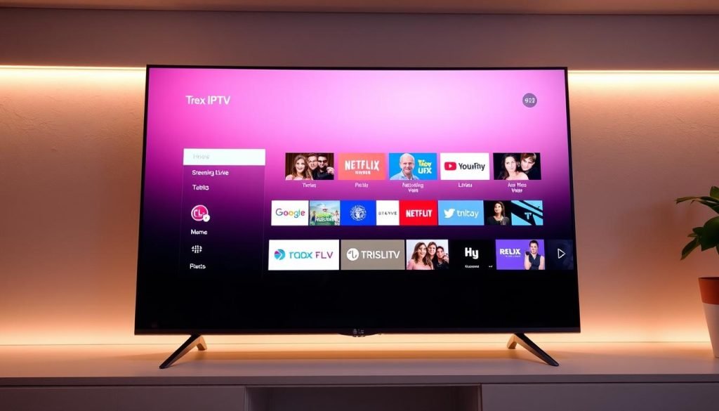A sleek and modern LG TV display showcases the intuitive Trex IPTV interface. The home screen features a clean, minimal design with large icons for popular streaming services and live TV channels. The navigation menu is elegantly laid out, offering seamless access to a wide range of content. Soft, indirect lighting illuminates the screen, creating a warm and inviting atmosphere. The camera captures the interface from a slightly elevated angle, highlighting the TV's slim, premium design. The overall scene conveys a sense of effortless, high-quality entertainment powered by the reliable Trex IPTV platform.