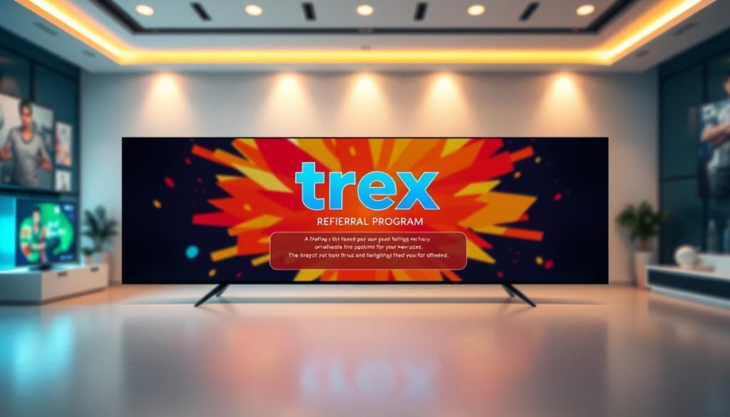 A sleek and modern banner showcasing the "trex iptv" referral program. In the center, a striking graphic featuring the trex iptv logo against a backdrop of dynamic shapes and vibrant colors, conveying a sense of energy and excitement. The foreground is well-lit, with soft, diffused lighting that creates depth and dimension. The middle ground features a clean, minimalist layout highlighting the key details of the referral program, such as rewards and incentives for new users. The background is subtly blurred, creating a sense of depth and focus on the main elements. The overall composition is balanced, with a cohesive color scheme and a modern, inviting aesthetic that aligns with the trex iptv brand.