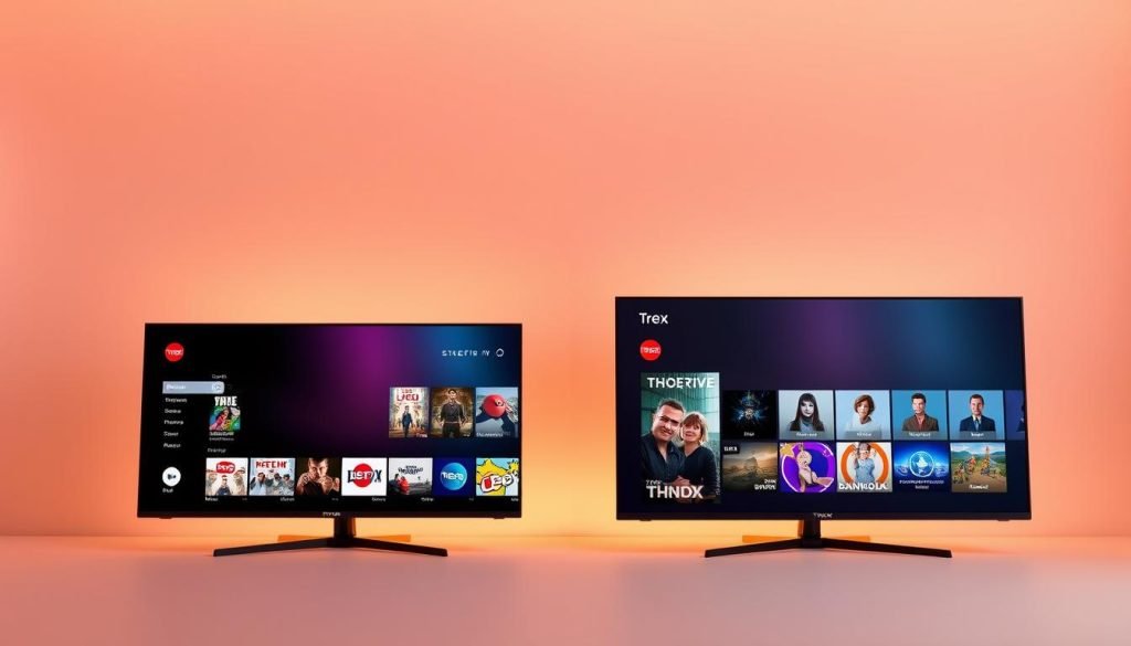 A sleek and modern comparison of "trex iptv" with other streaming services, showcasing their features and capabilities. Set against a clean, minimalist backdrop, two smart TVs display side-by-side interfaces, highlighting the intuitive user experience and content offerings of "trex iptv" alongside its competitors. Warm, directional lighting accentuates the details of the devices, while a subtle gradient in the background creates depth and focus. The overall composition conveys a sense of technological sophistication and informed decision-making for the discerning viewer.