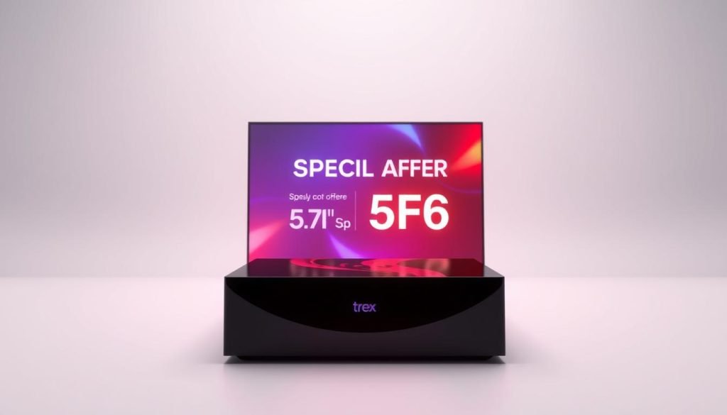 A sleek and modern illustration of the "trex iptv" brand, showcasing its special offer against a clean, minimalist background. In the foreground, a high-resolution image of the trex iptv device, its angular design and glossy finish capturing the attention. The middle ground features a subtle, glowing display of the special offer details, with vibrant colors and a sense of energy. The background is a soft, muted gradient, allowing the product and offer to take center stage. The overall composition is balanced, with strategic use of lighting and depth of field to create a visually appealing and informative image.